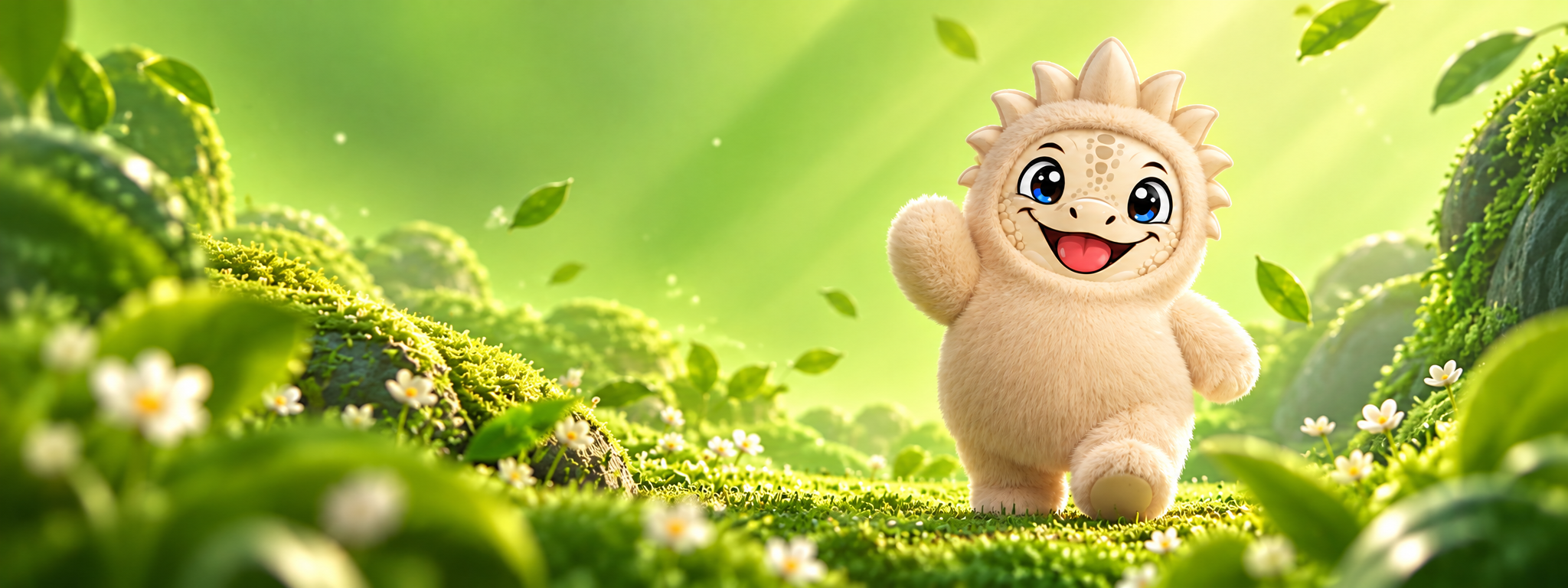 Musespike waving and walking across a mossy green hill in soft sunlight